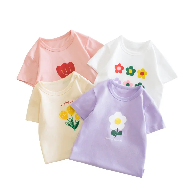 

Summer Cotton Short Sleeve Girls Universal Tops Kawaii Flower Printed Fashion Trend T-Shirts Kids Clothes For 2-10 Years Old