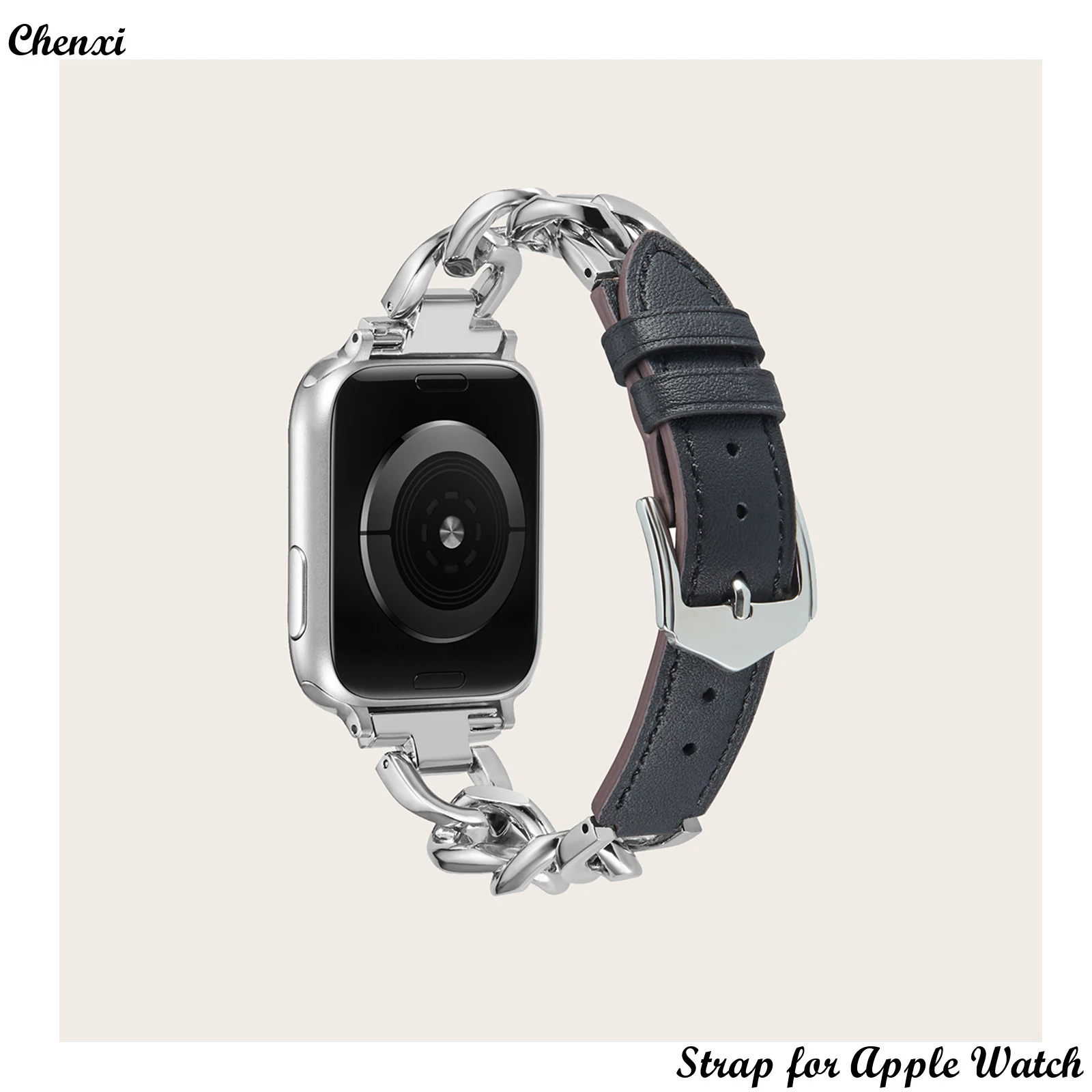 Genuine leather strap for Apple watch band bracelet chain for Iwatch87654321SE Ultra 40 41 44 45mm ornament women metal wrist