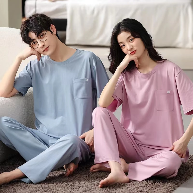 Yasuk 2022 Spring Fashion Women's Casual Lovely Soft Cotton Sleepwear Homewear Couple Pajamas Set With Pants Pocket Solid Print