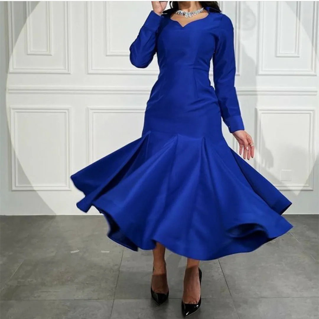 

Women's Mermaid Prom Dresses for Wedding Lantern Sleeve Pleated Evening Party Dress Tea-Length V-Neck Homecoming Gowns