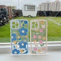 pink flowers cartoon bear pattern wavy border phone case compatible for iphone 13 12 11 pro max x xs xr xsmax 7 8 plus cover