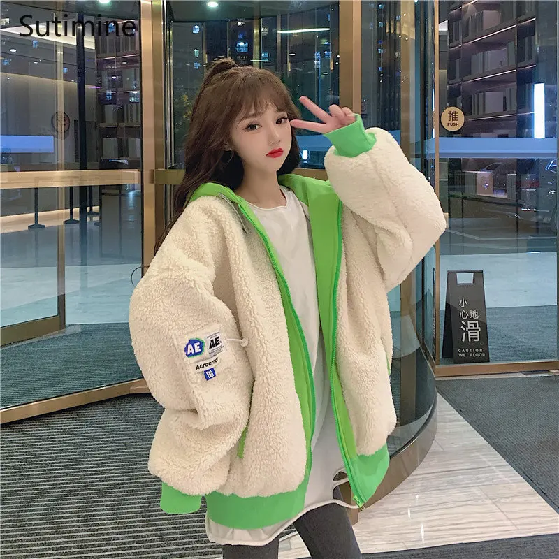 Winter Coat Office Lady Pockets Lamb Wool Splicing Cotton Coat Women Cashmere Cotton Coat Zipper Hooded Winter Clothes Women