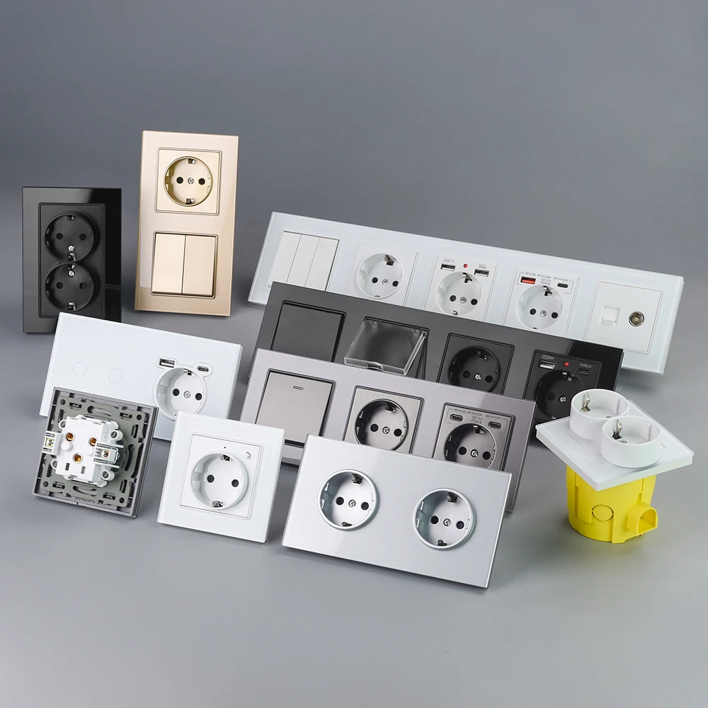 Фото SRAN EU Настенная двойная розетка 16A 250V 153*82mm Панель из закаленного стекла с USB type-c Электрическая розетка-переключатель ТВ Rj45 для дома №2