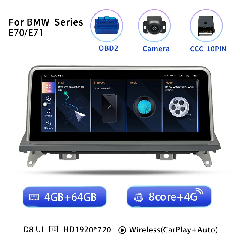 

Автомобильный мультимедийный плеер 10,25 дюйма, Android 14, для BMW X5 E70 X6 E71 2007-2013, радиоэкран, оригинальный CCC CIC, навигация, аудио Carplay