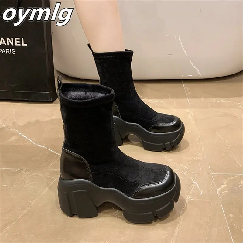 

Elastic boots women's thick heel round toe high heel 2022 new women's shoes flying woven mid-tube thick-soled boots women