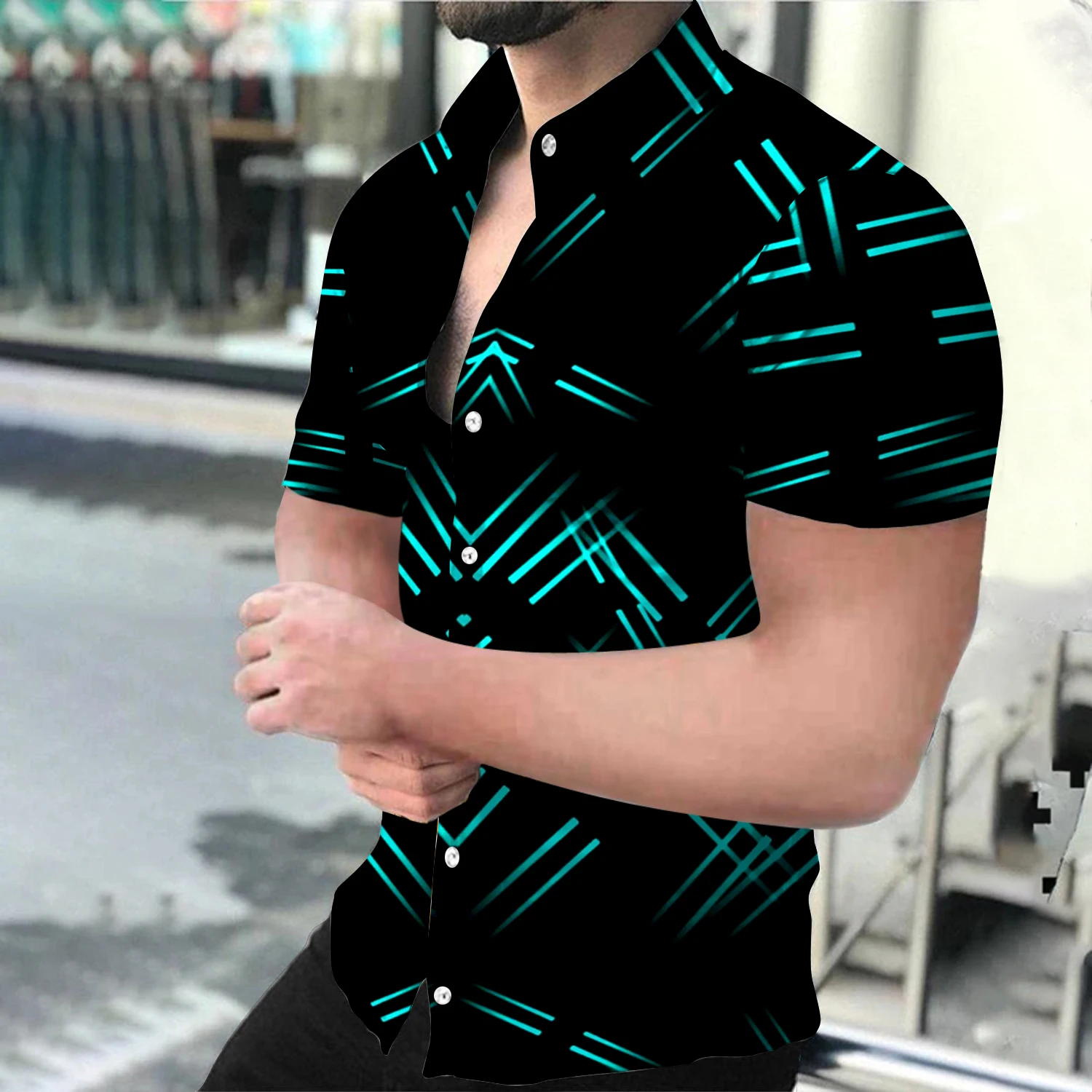 

Summer Fashion Men's Social Shirts Turn-Down Collar Buttoned Shirt Casual Line Print Short Sleeve Tops Mens Clothing S-4XL