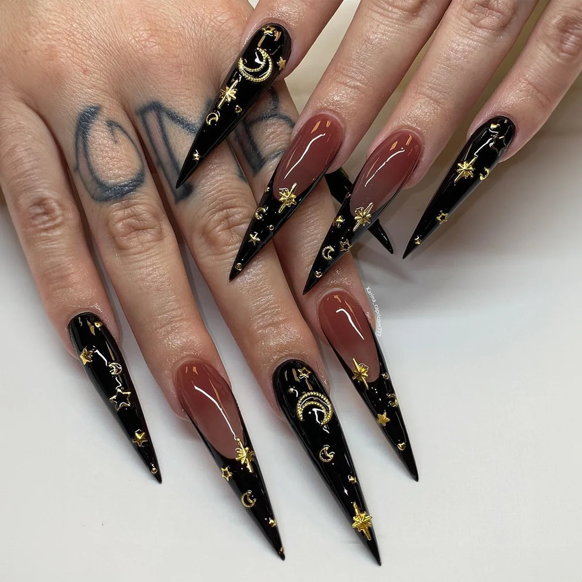 

3D long fake nails accessories black french stiletto tips with moon star metal rhinestones faux ongles press on false nail set