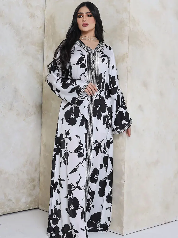 Платье женское с принтом, саудовская джалабия, мусульманский свободный халат с марокканским цветочным принтом, абайя в арабском стиле, бело...