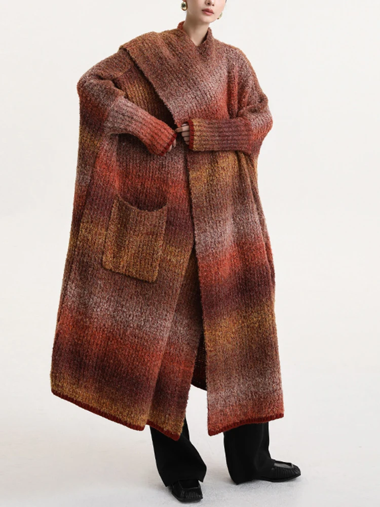 [EAM] Зеленый длинный вязаный кардиган большого размера свитер шарф воротник рукав