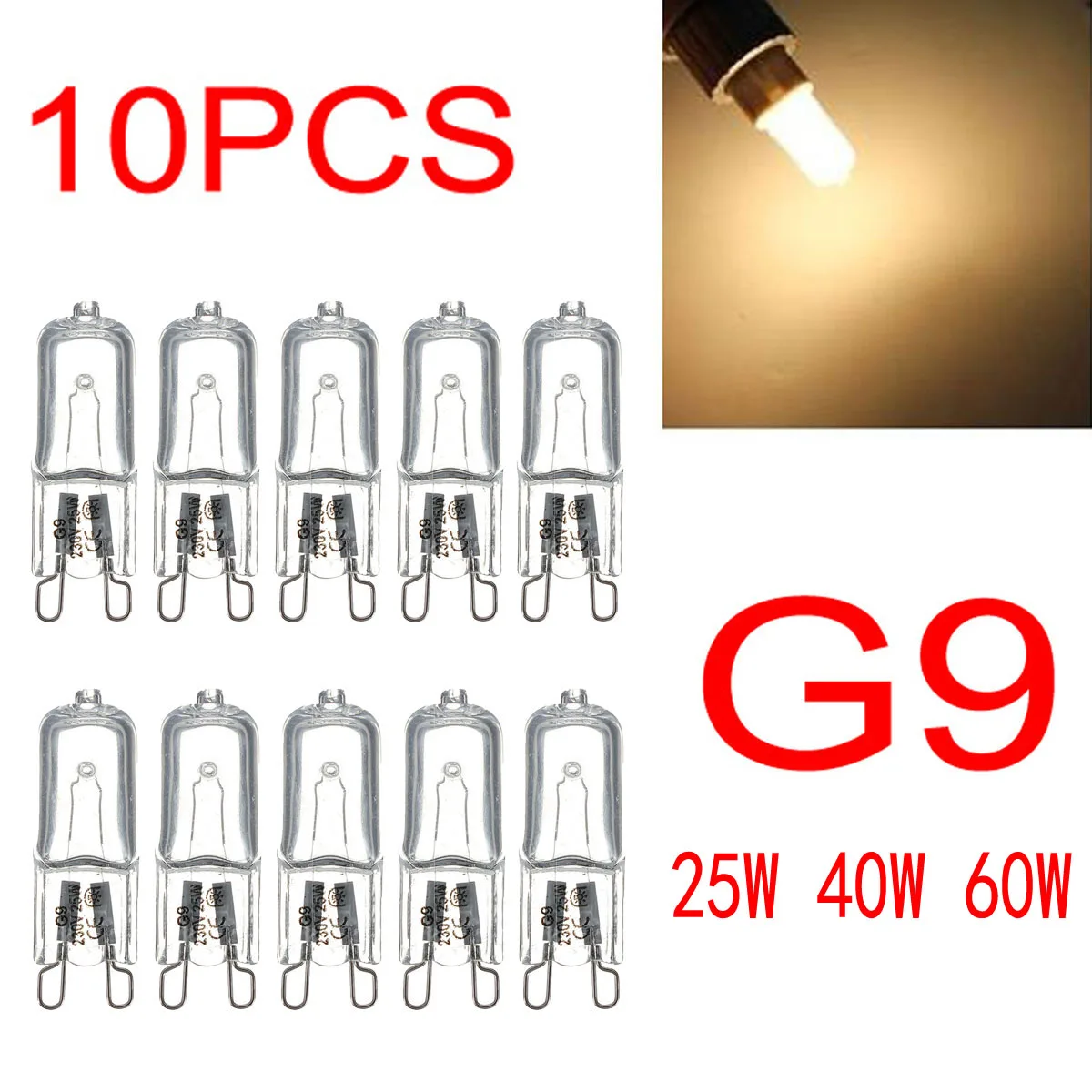 10pcs/lot G9 220-240V 25W 40W 60W Portable Warm White Halogen Bulb Light Lamp 3000-3500K Globe 230V Capsule Clear Bulbs