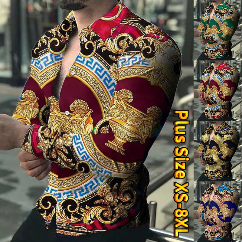 

Роскошная легкая рубашка в стиле ретро для мужчин, рубашка с отложным воротником и пряжкой, мужская одежда с длинными рукавами и принтом гол...