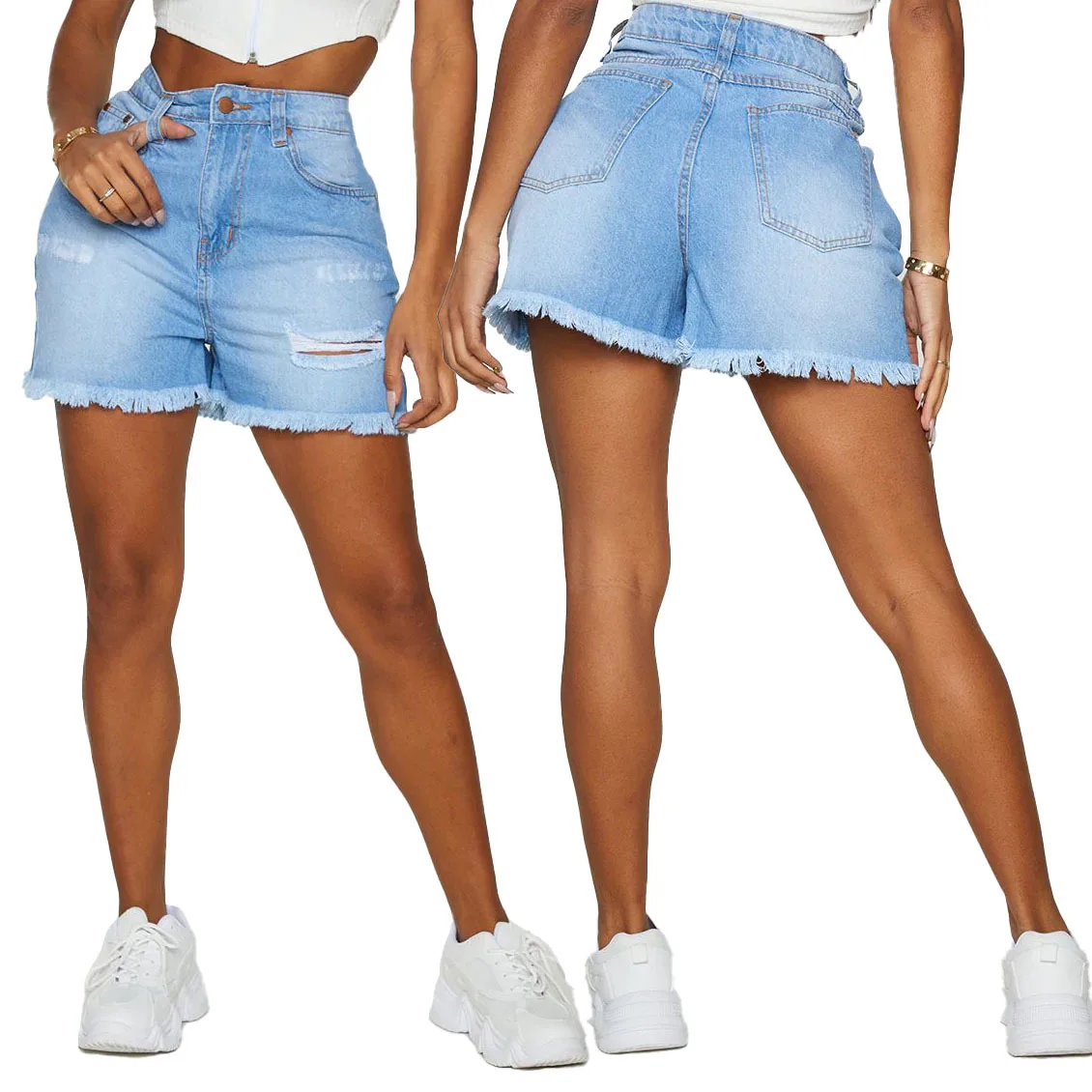 

2xl 3xl Women High Waist Hole Tassel Jeans Denim Shorts Sky Blue 2021 Summer New