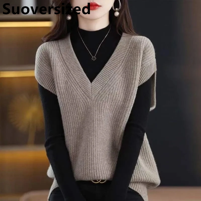 

Женский вязаный жилет с V-образным вырезом, свободный однотонный Универсальный пуловер без рукавов в Корейском стиле, повседневный элегант...
