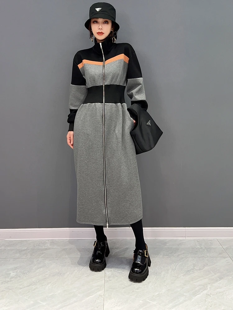 

SuperAen 2022 зимнее Новое корейское модное цветное контрастное платье с высоким воротом женское длинное платье
