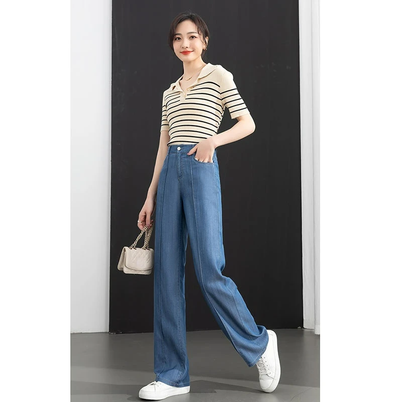 Wide Leg Jeans Lyocell Women Straight-leg Pants Mopping Thin Trousers 2023 High-waisted Slim Bottoms Baggy Clothes Blue Light