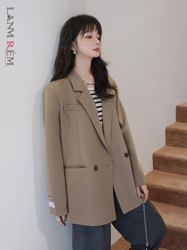 

LANMREM Women Khaki Blazer Notched Double Breasted Loose Casual Coat Office Lady Chic Outwear Top 2022 Autumn New 2R4031