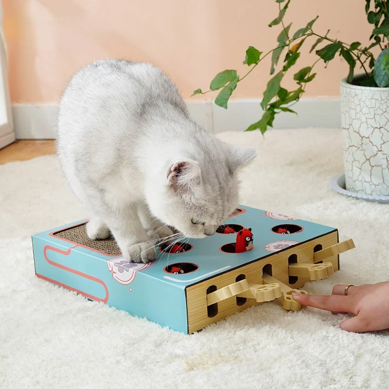 2022 New Cat Toy Chase Hunt Mouse Cat Game Box 3 in 1 with Scratcher Funny Cat Stick Cat Hit Gophers Interactive Maze Tease Toy