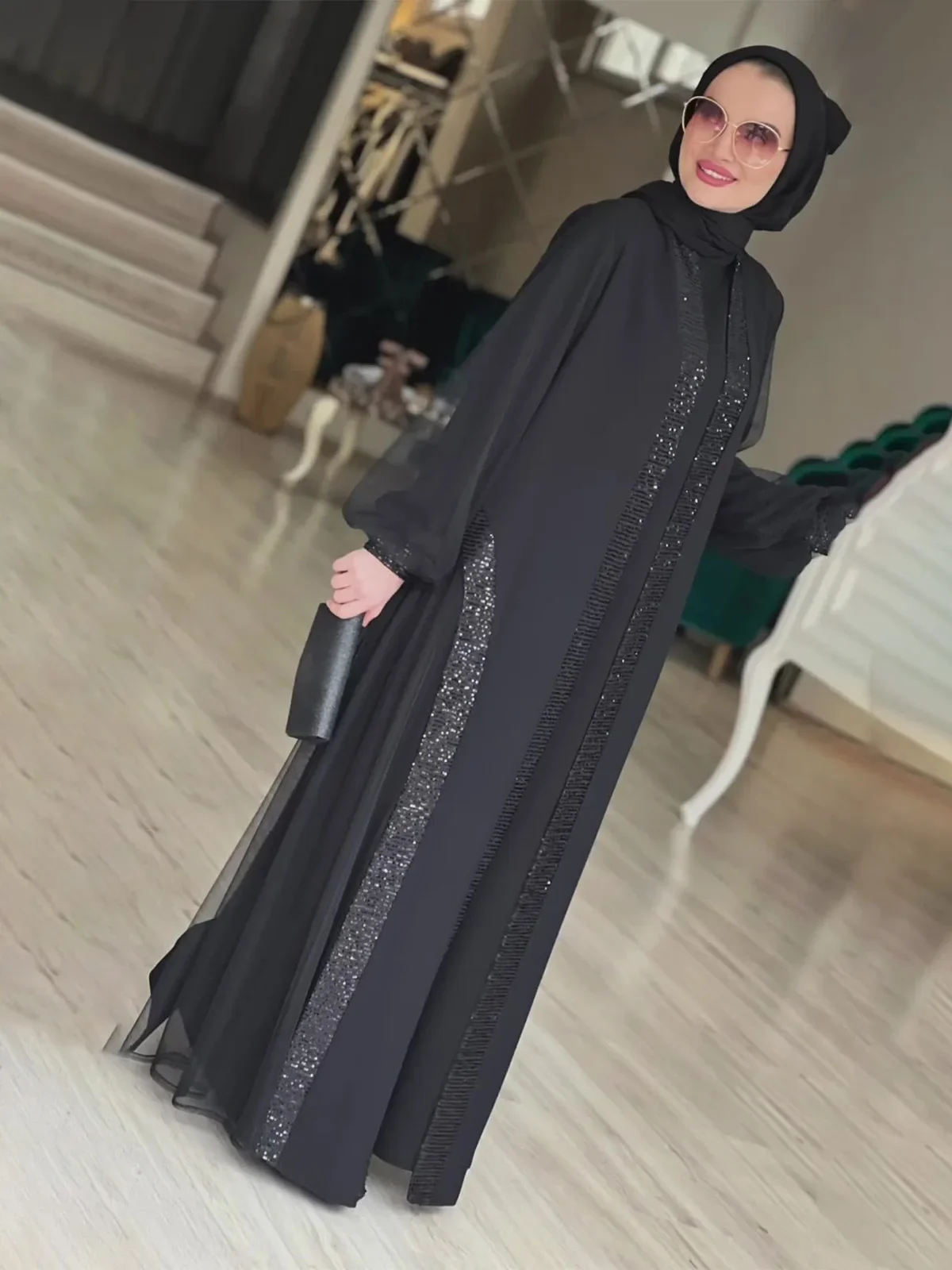 Фото Мусульманское скромное женское платье Jalabiya Vestidos Eid Рамадан арабский длинный халат Дубай мусульманский марокканский кафтан Abayas кардиган платья 2024 №2