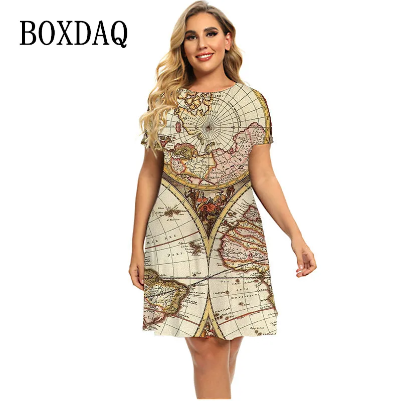 

World Map Print Dresses For Summer 2022 Women Streetwear Short Sleeve Loose Dress Casual Ladies Plus Size Mini Clothing Sundress