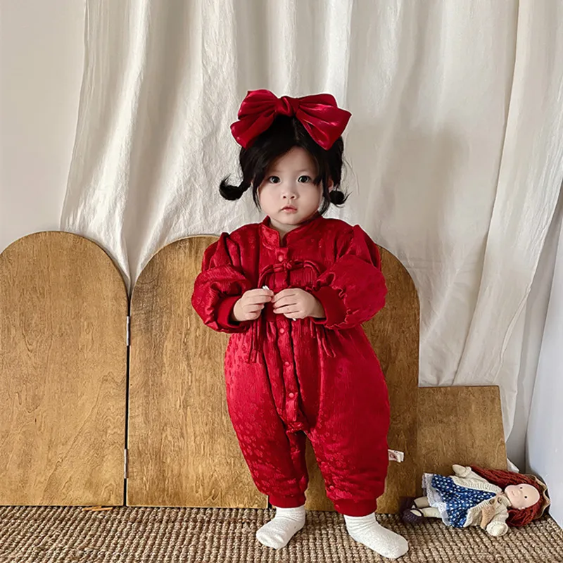 

Комбинезон для новорожденных в китайском стиле, плюшевый утепленный зимний теплый комбинезон, жаккардовая пластина, с длинными рукавами на пуговицах