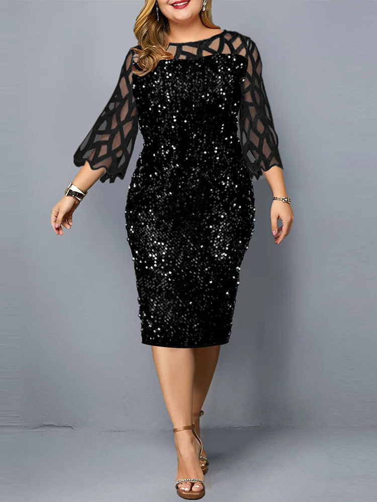 Party Dress Plus Size Ladies Midi Sequin Mesh Long Sleeve Lace Elegant Bodycon XL-4XL 5XL Evening Dresses For Women Summer 2022