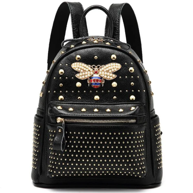 

2022 New Come Fashion Women Bag Diamond Bee Bags Pearl Rivet Travel Shoulder Bag PU Leather School Backpack Female Bag