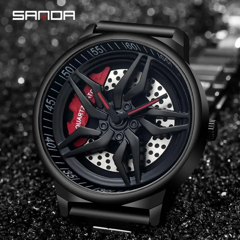 SANDA-Reloj de acero deportivo para hombre, cronógrafo de pulsera con esfera giratoria de cuarzo, resistente al agua, diseño creativo de llanta y rueda central, masculino