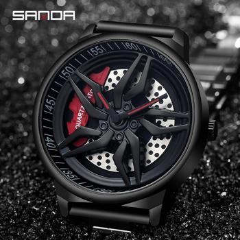 SANDA Car Wheel Watch Men Quartz Rotating Dial Waterproof Sport Steel Clock Creative Rim Hub Wheel Wristwatch Relogio Masculine-36813