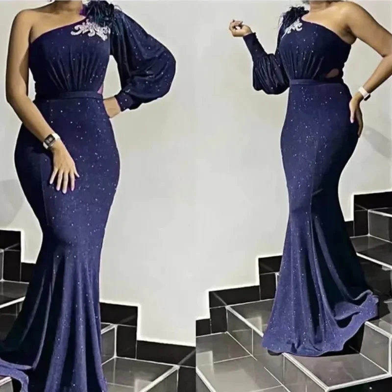 

Elegant African Wedding Party Long Dresses for Women One Shoulder Red Mermaid Evening Dinner Vestidos Robe Slim Lady Clothes