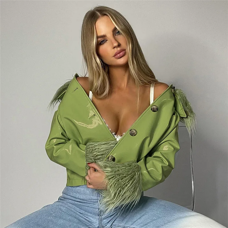 Fur Collar Leather Coat Women's American Style 2022 Winter Leather Glossy Breasted Warm Leather Casual Coat Cool Girl Green Top