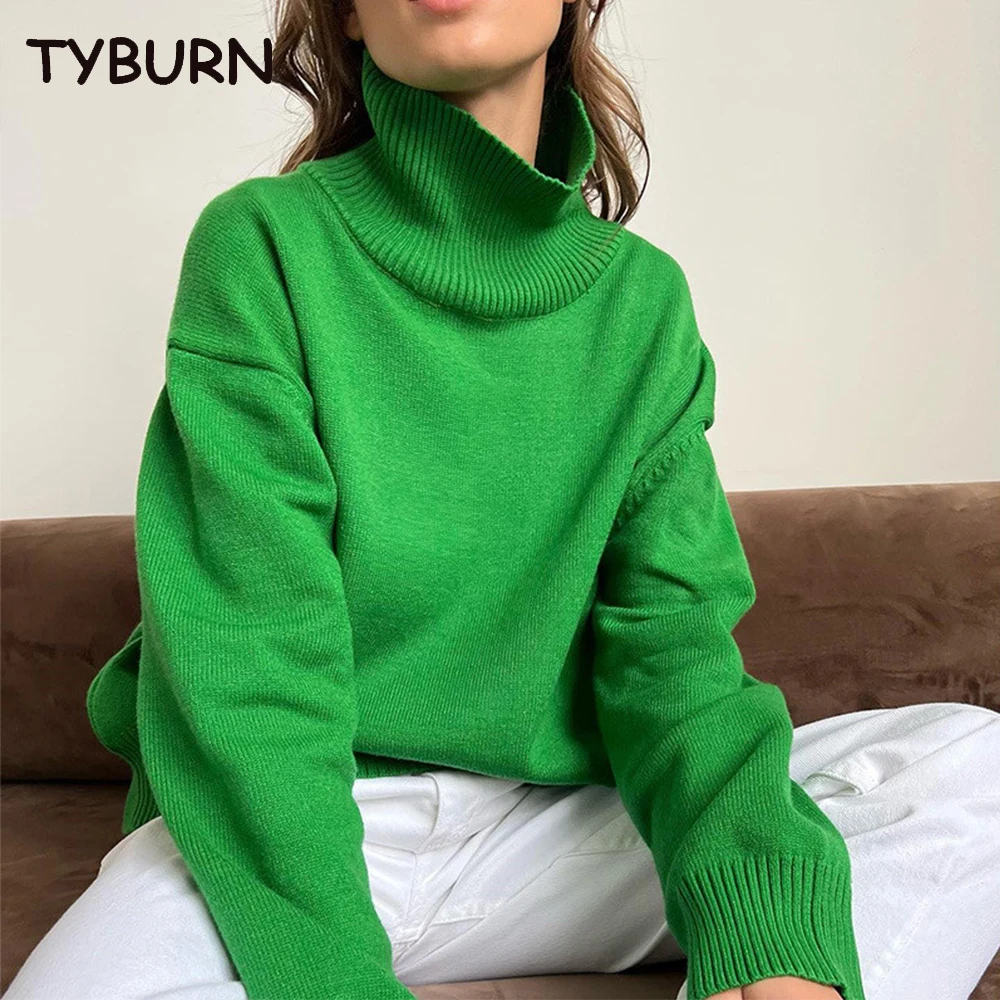 

TYBURN Casual Women's Knitted Turtleneck Sweater Oversize Long Sleeve Loose Ladies Pullover Autumn Warm Solid Female Sweaters