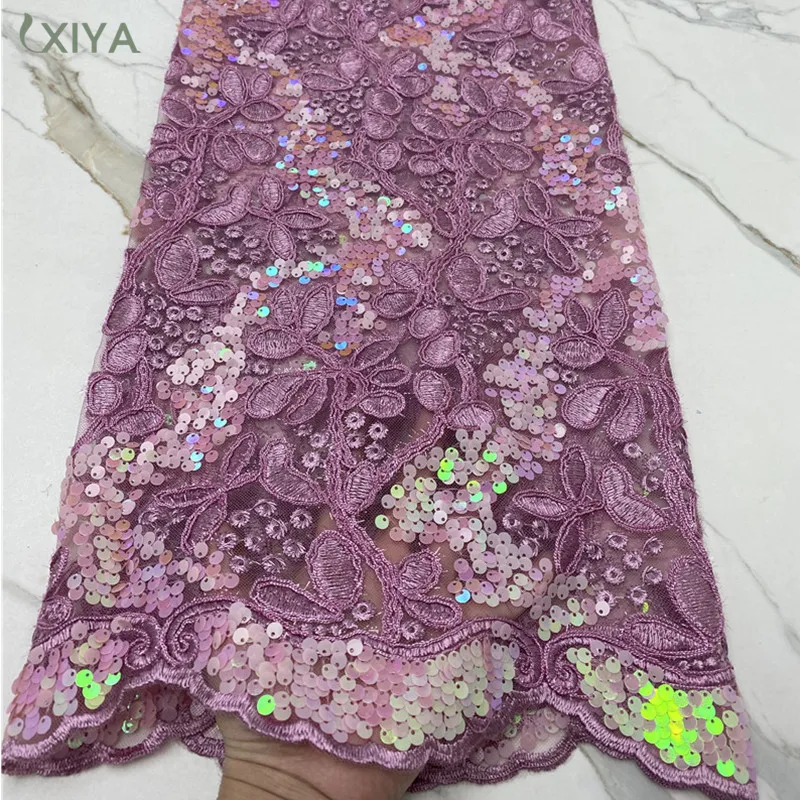 XIYA French Purple Rope Embroidery Lace Fabric 2022 High Quality African Sequin Tulle Lace Material For Wedding Dress Sewing