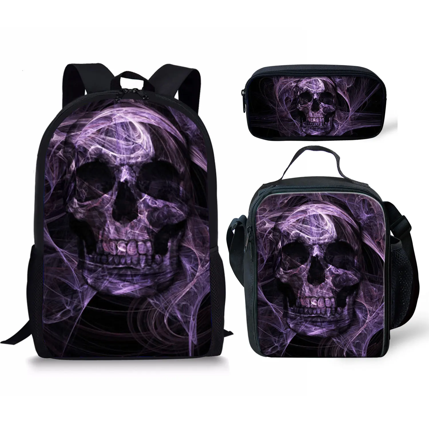 Skull Design Boys Girls School Bags Set Large Capacity Students Mochila 3pcs Pencil Cases&Lunch Children Backpacks Free Shipping