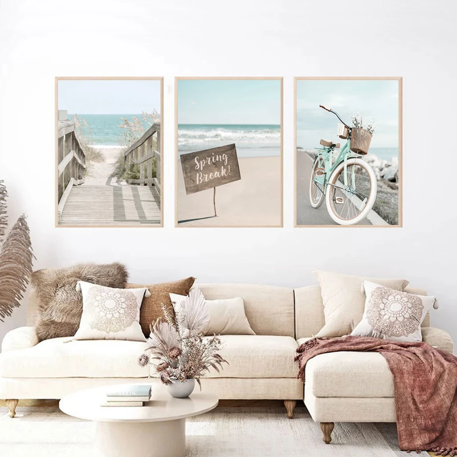 Природа розовый цветок велосипед волны мост пейзаж Скандинавское искусство