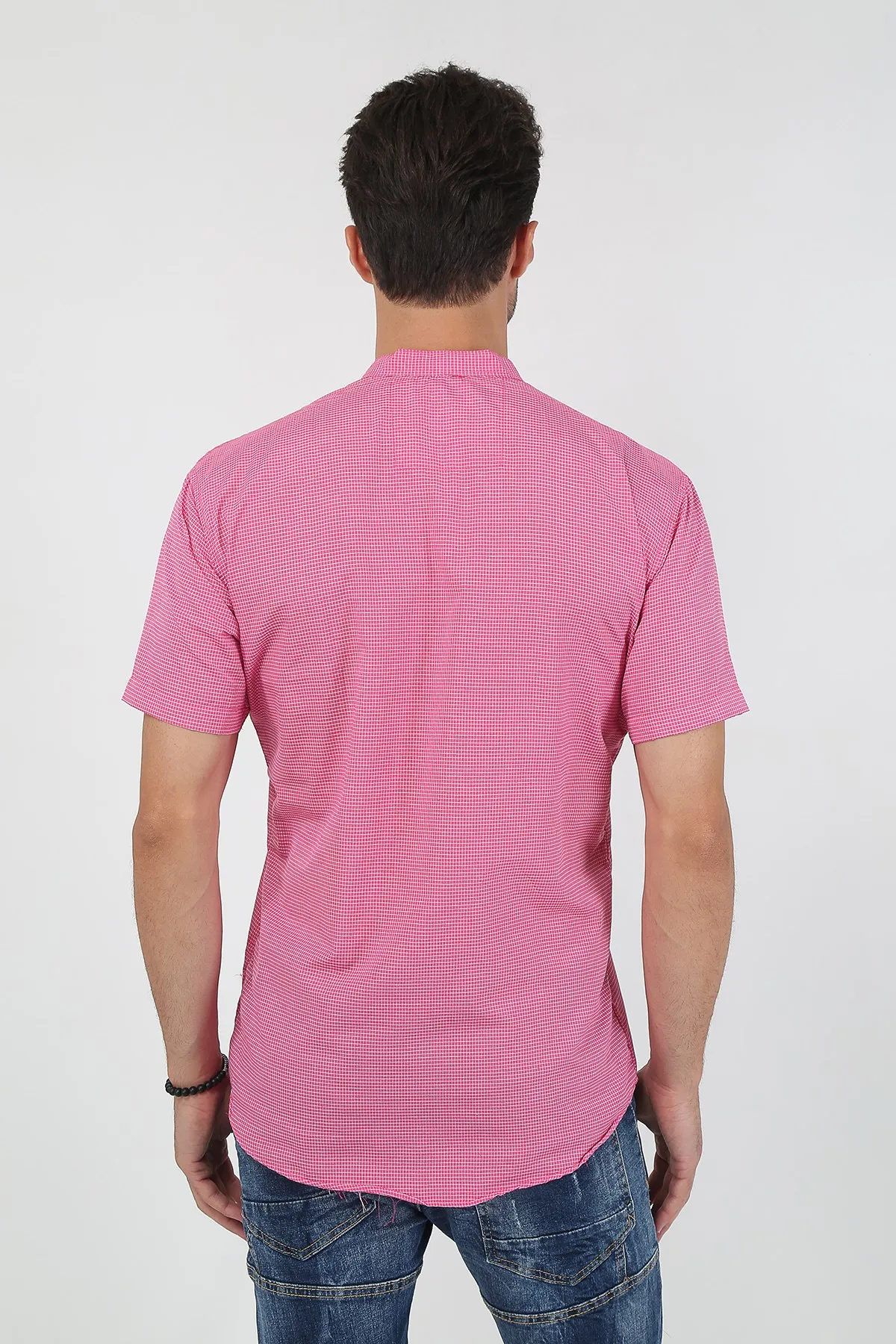 Therapy Men Male Crew Neck Half Patlı Plaid Short-Sleeve Slim Fit Shirt 21Y-4300602-01 Dark Pink