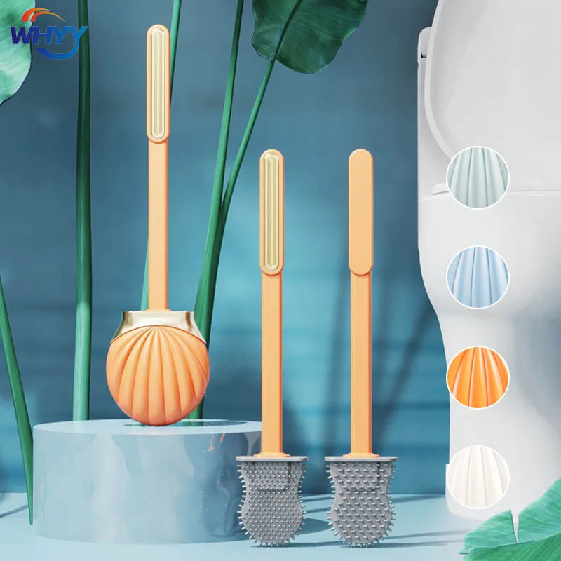 

WHYY Silicone Toilet Brush with Base Sets Shell Shape WC Cleaning Tools Wall Mounted Long Handle for Home Bathroom Accessories