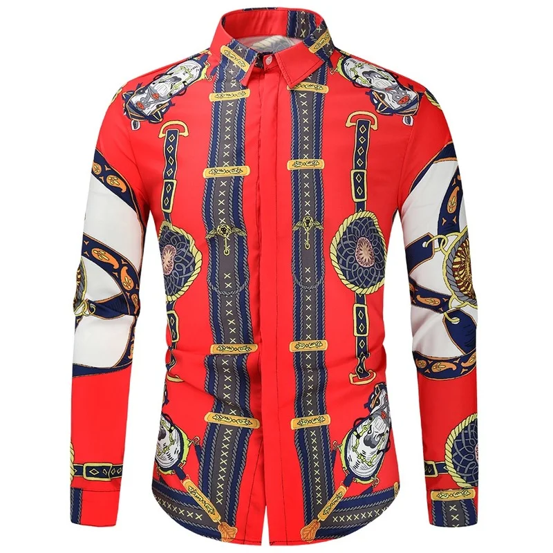 

New Casual National Style Long Sleeve Shirts Patterned Turn-down Collar Distinctive African Chinese Slim Fit Men Shirt Dress