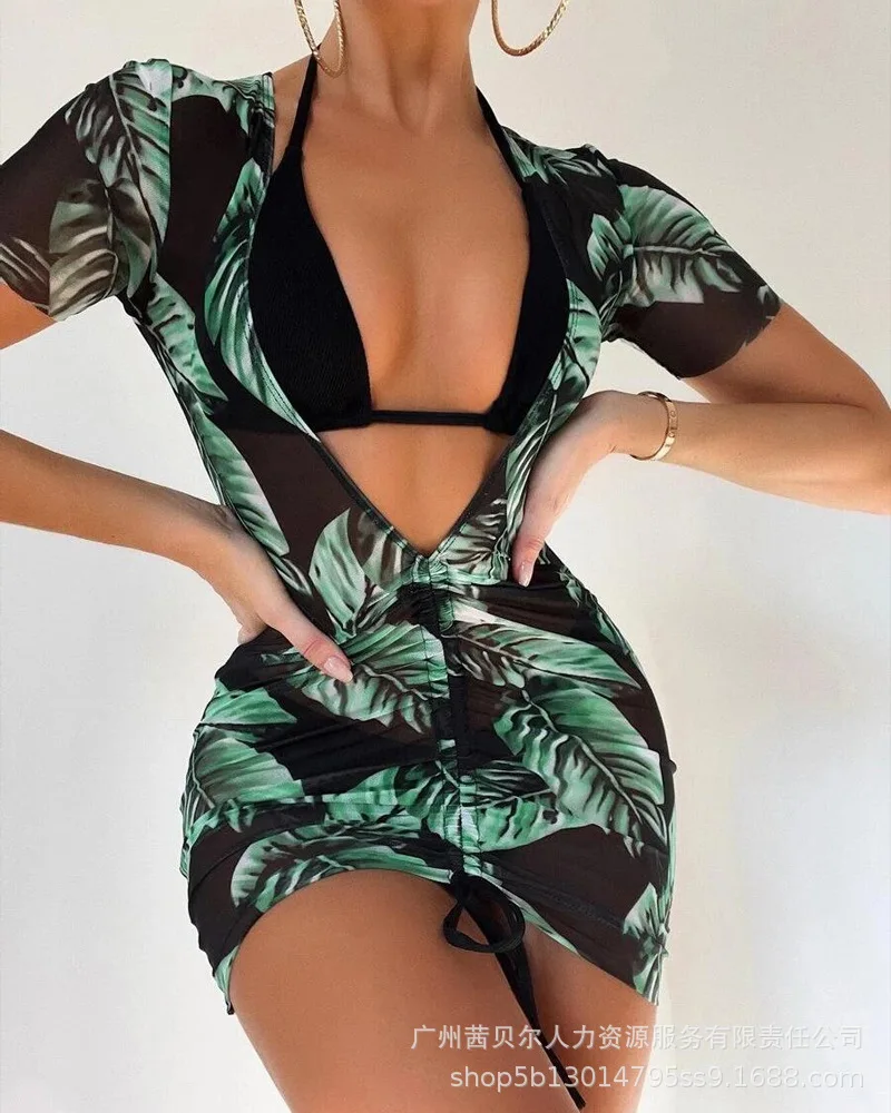 

Комплект бикини на бретелях с тропическим принтом, 3 шт.