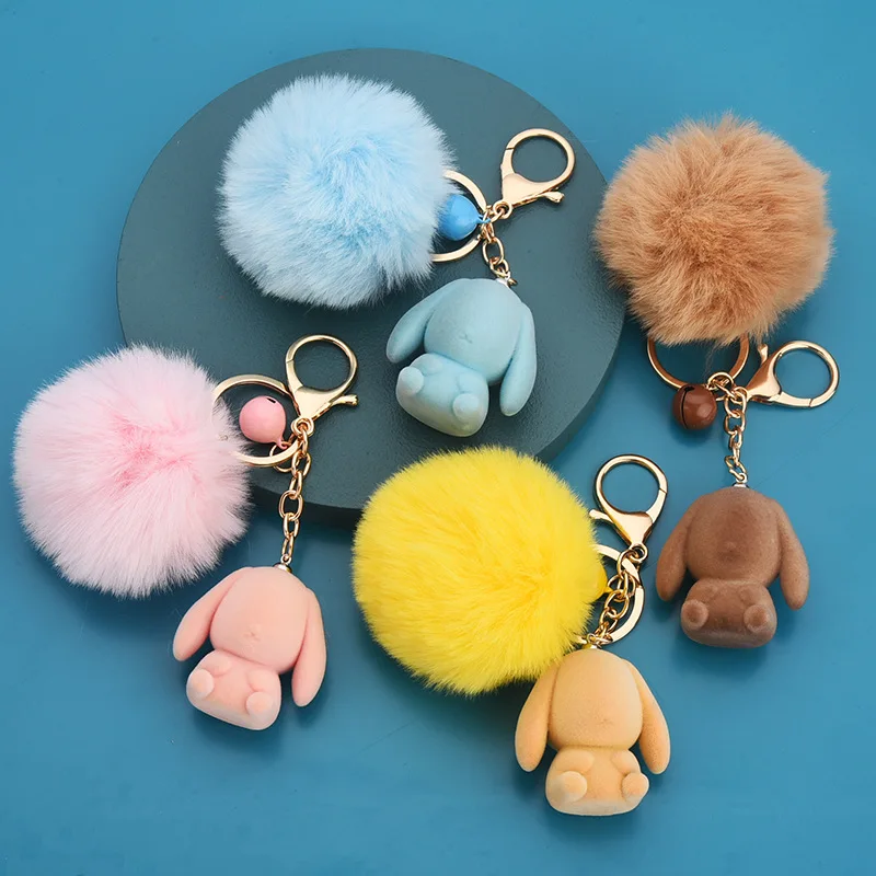 

Creative Cute Animal Rabbit Pendant Women's Girl Keychain Holder Fluffy Pompom Doll Flocking Key Ring Car Bag Ornament Gift