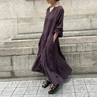 maxi dresses for women 2022 summer casual long sleeve v neck pocket plain female japanese style simple long dress streetwear