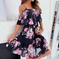 2022 women chiffon dress summer sexy off shoulder spaghetti strap floral dresses female elegant loose mini dress party vestidos