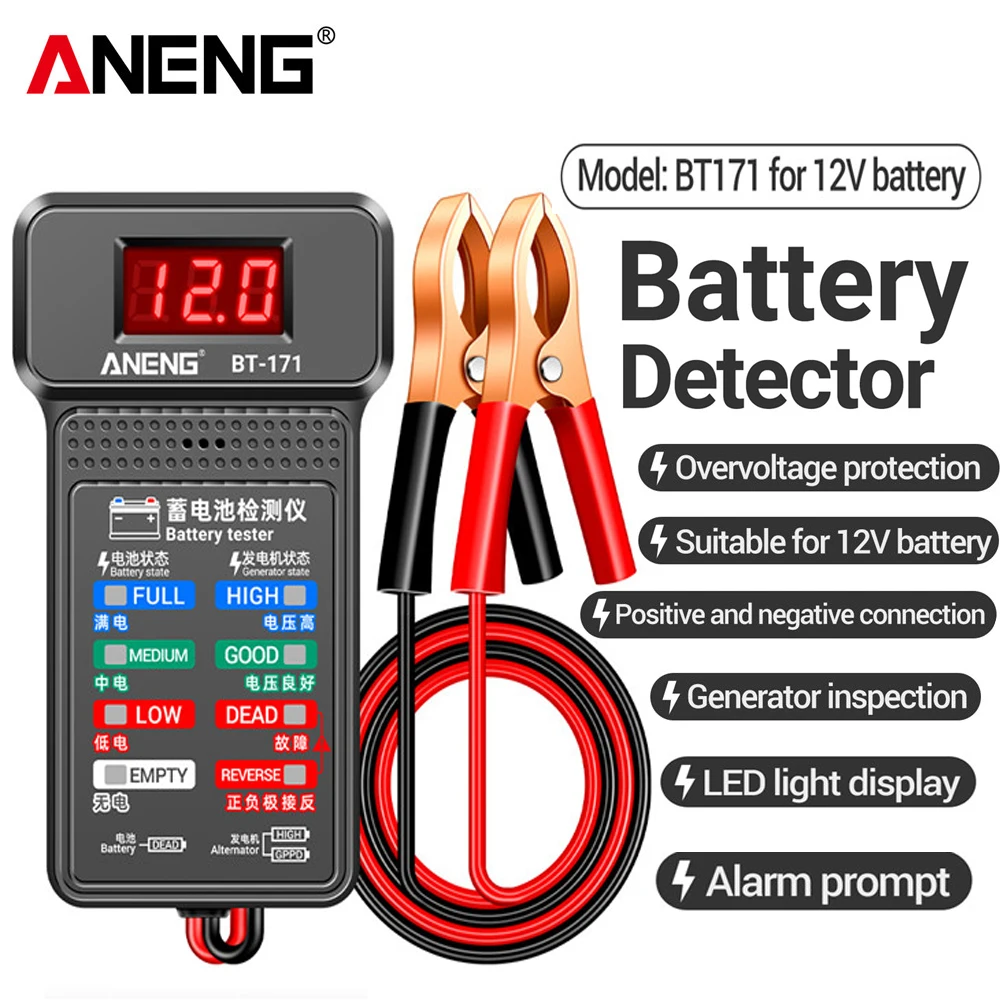 

ANENG BT-171 12V Digital Battery Tester Car Battery Indicator with Alligator Clips LED Battery Status Indicator Electrician Tool