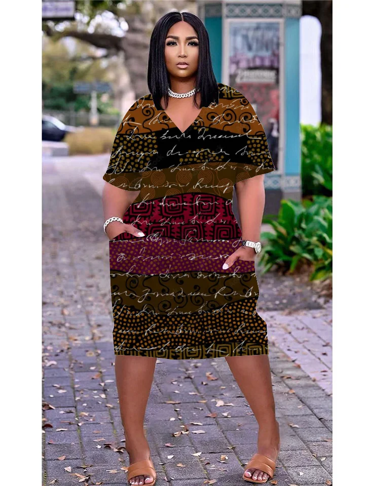 

Beach Women's Summer Short Sleeved Dress Retro Street Women's Dress Women's Stripe Pattern Printed Knee Length Casual Skirt