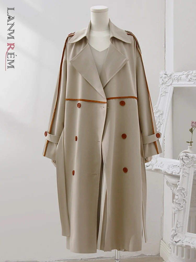 

LANMREM Patchwork Striped Trench Coat For Women Lapel Single Breasted Belt Coats Korean Designer Tide 223 New Clothing 32D399