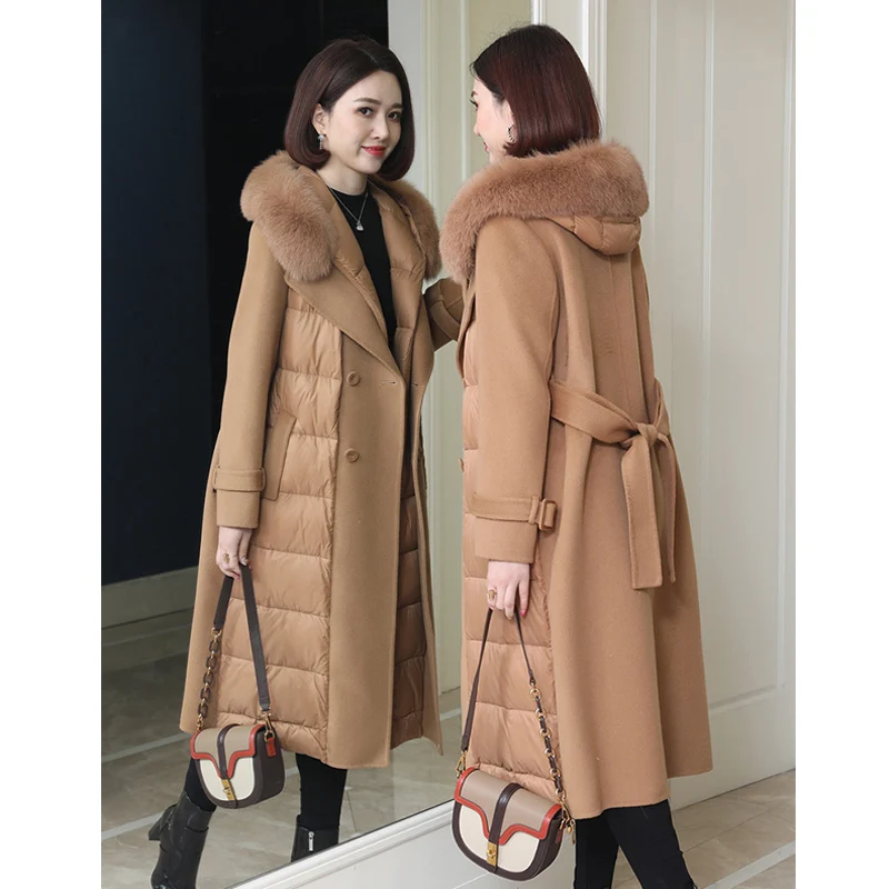 

Теплая куртка из гусиного пуха для женщин зима 2022 высококачественное двубортное длинное шерстяное пальто с капюшоном и воротником из натурального Лисьего меха