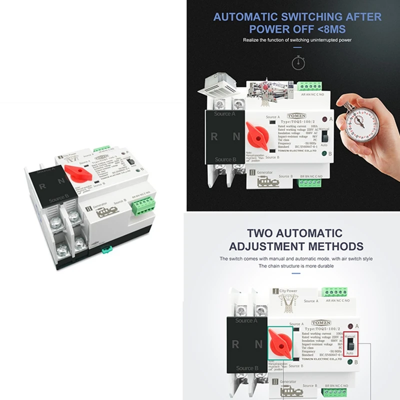 

TOMZN Din Rail 2P ATS Dual Power Automatic Transfer Switch Electrical Selector Switches Uninterrupted Power