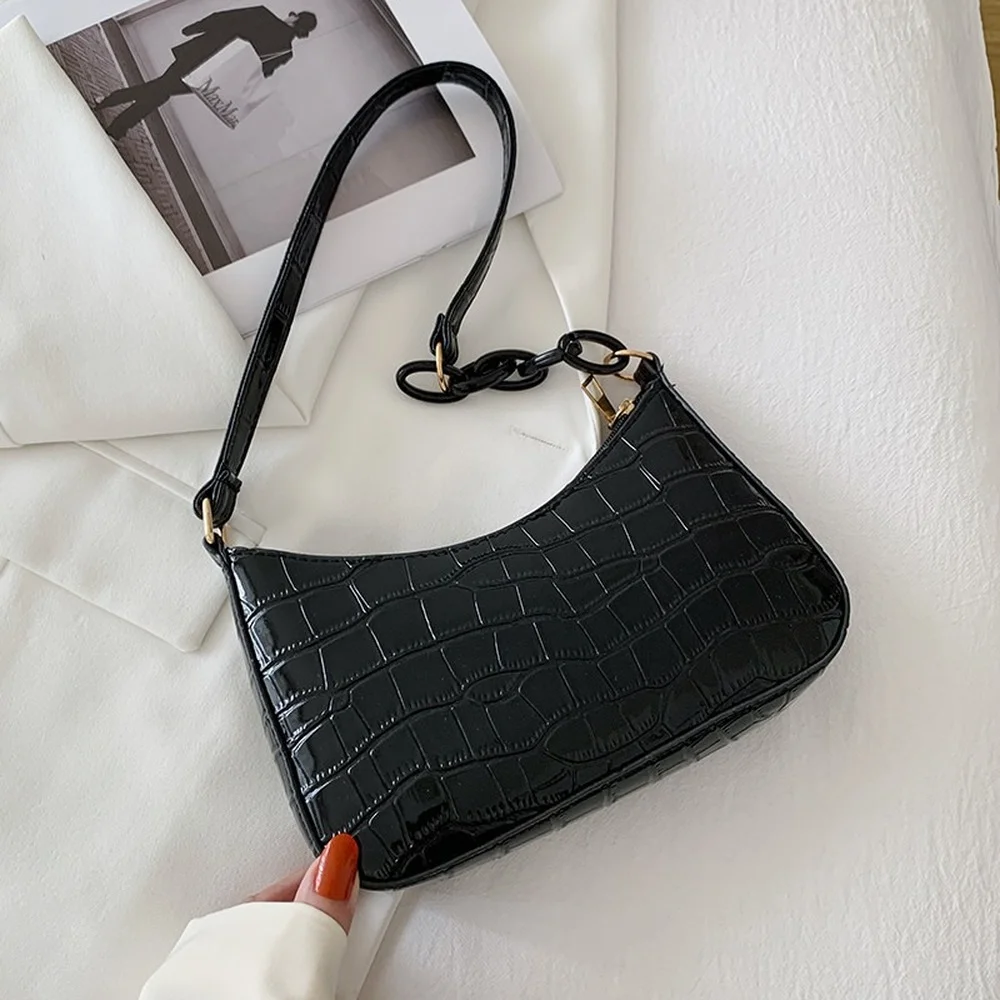 

Retro Crocodile Pattern Shoulder Bag for Women 2022 PU Leather French Underarm Bags Luxury Fashion Design Handbag Lady Purse