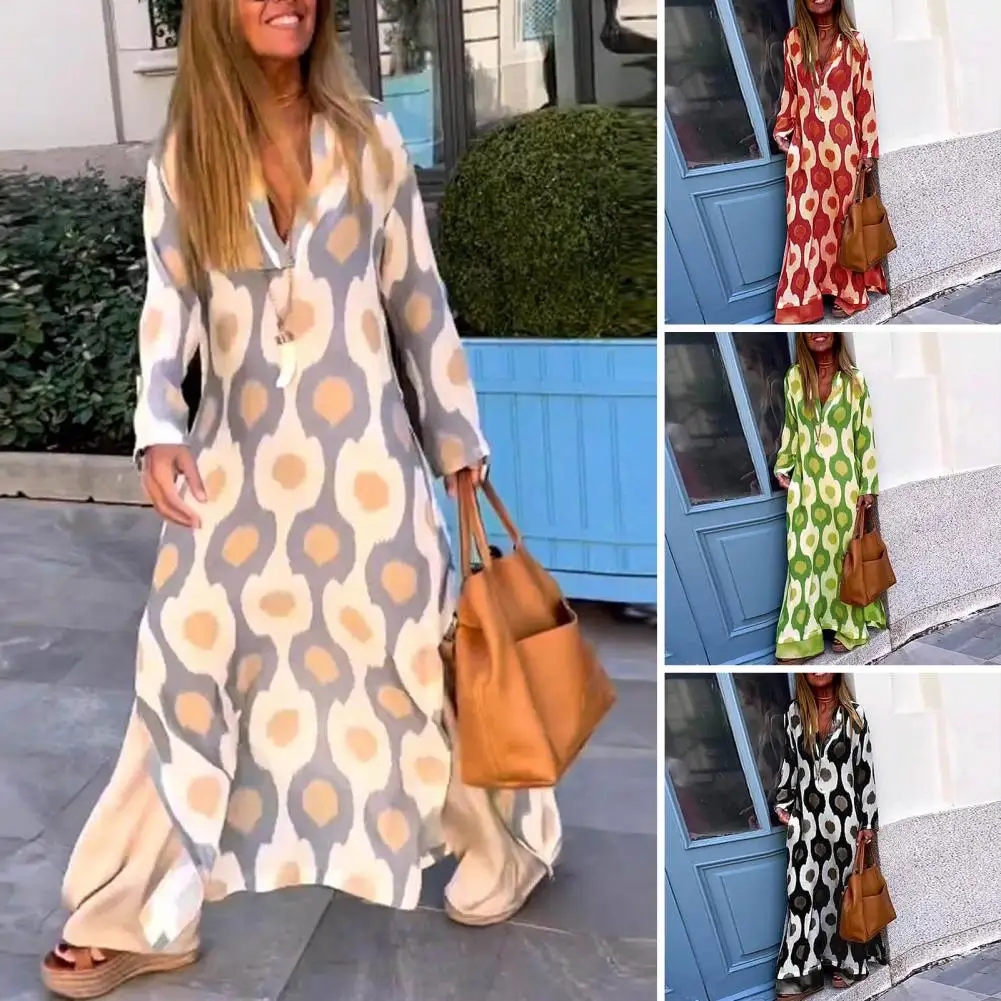 Summer Women Geometric Printing Split Maxi Dress V-neck Contrast Color Long Sleeves Lapel Vintage Boho Beach Robe Female Clothes