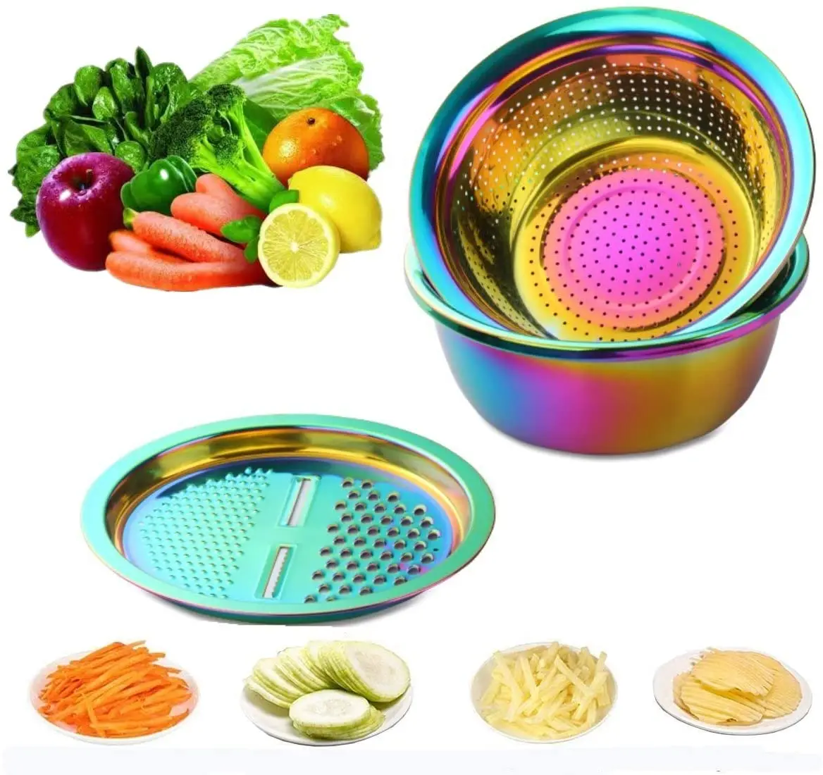 3PCS/Set Stainless Steel Gold Vegetable Slicer Potato Peeler Round Bowl Strainer Basket Set Kitchen Utensils Carrot Onion Grater