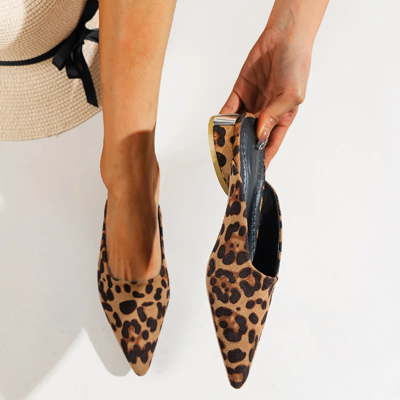 Zapatillas planas de punta estrecha para mujer, zapatos de tacón cuadrado con estampado de leopardo, romanas, sin cordones, para primavera y verano, 2022